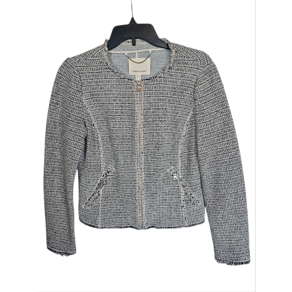 Rebecca Taylor Tweed Jacket Black Gray Pink Zip Crop Blazer Frayed EUC Size 8
